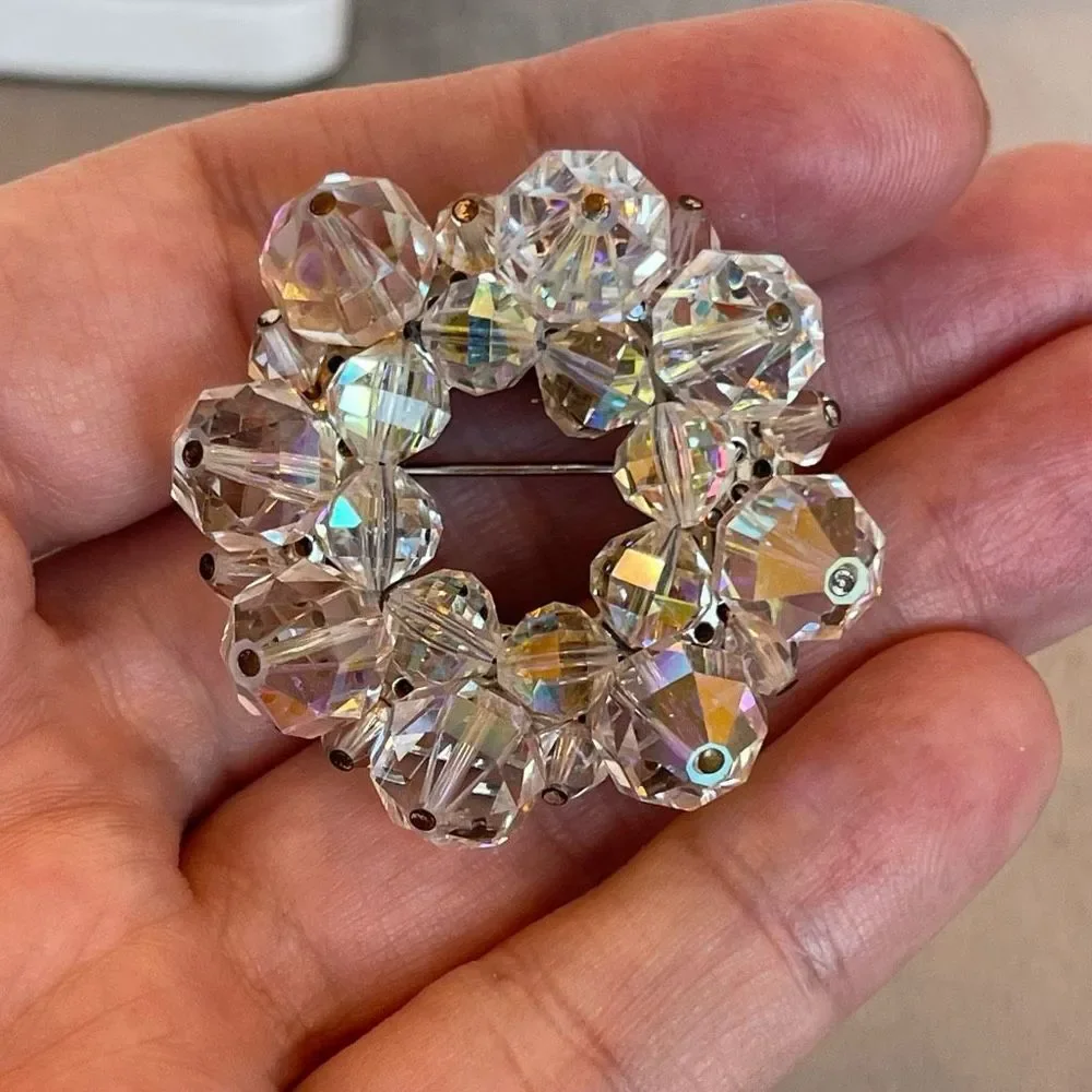 Vintage AB Crystal Bead Circle Brooch Pin 50’s
